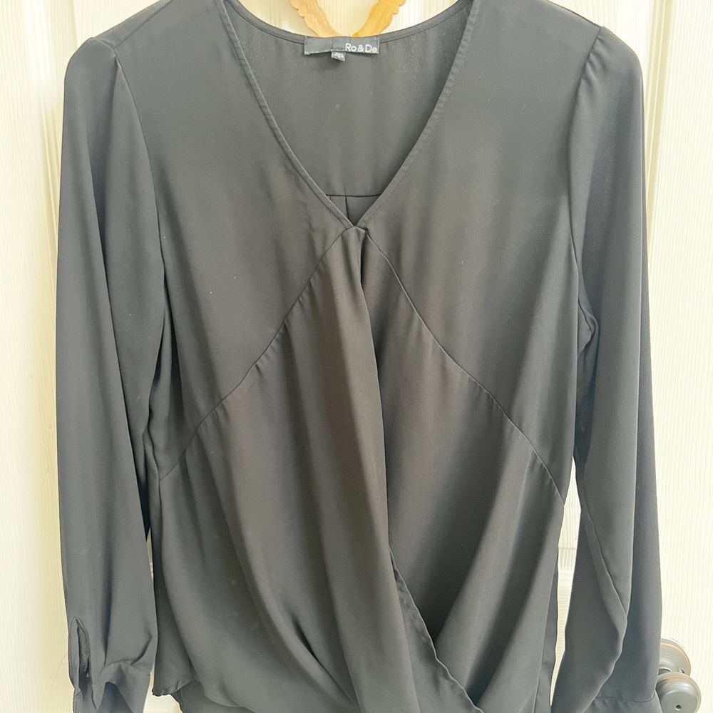 Ro & De Women's Black Blouse, cross over top, minimalist, capsule